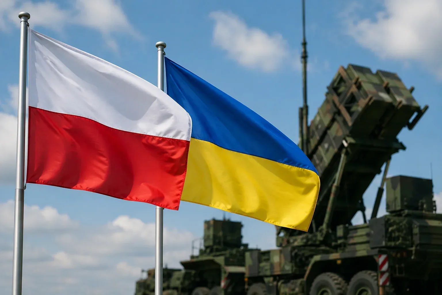 Флаги Польши и Украины перед системой Patriot во время передачи ракет