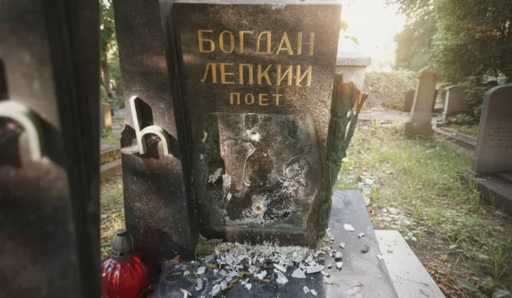 Повреждённая могила Богдана Лепкого с разбитым барельефом в Кракове