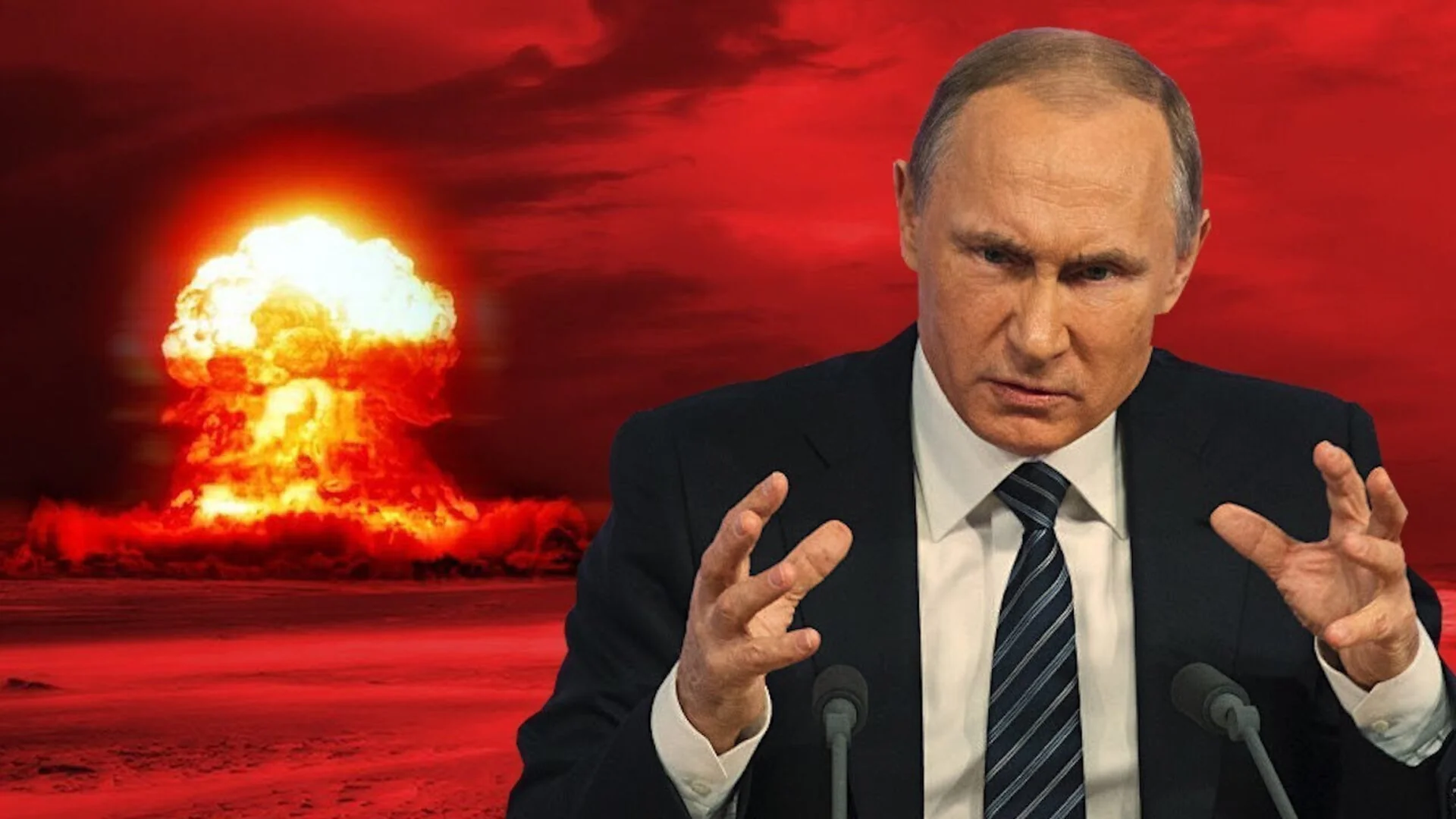 Владимир Путин жестикулирует на фоне ядерного взрыва, угрожая оружием