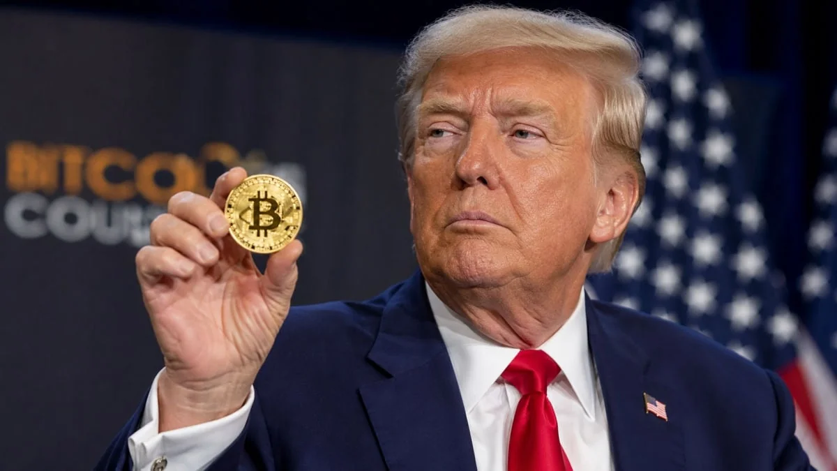 Дональд Трамп держит Bitcoin-монету на фоне флага США во время криптоскандала