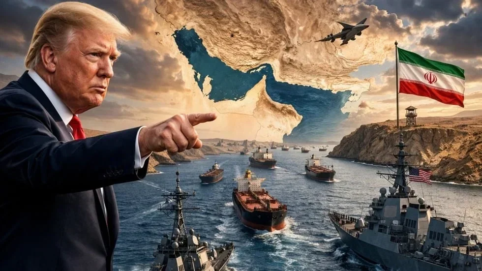 Дональд Трамп на фоне Ормузского пролива с кораблями США и флагом Ирана